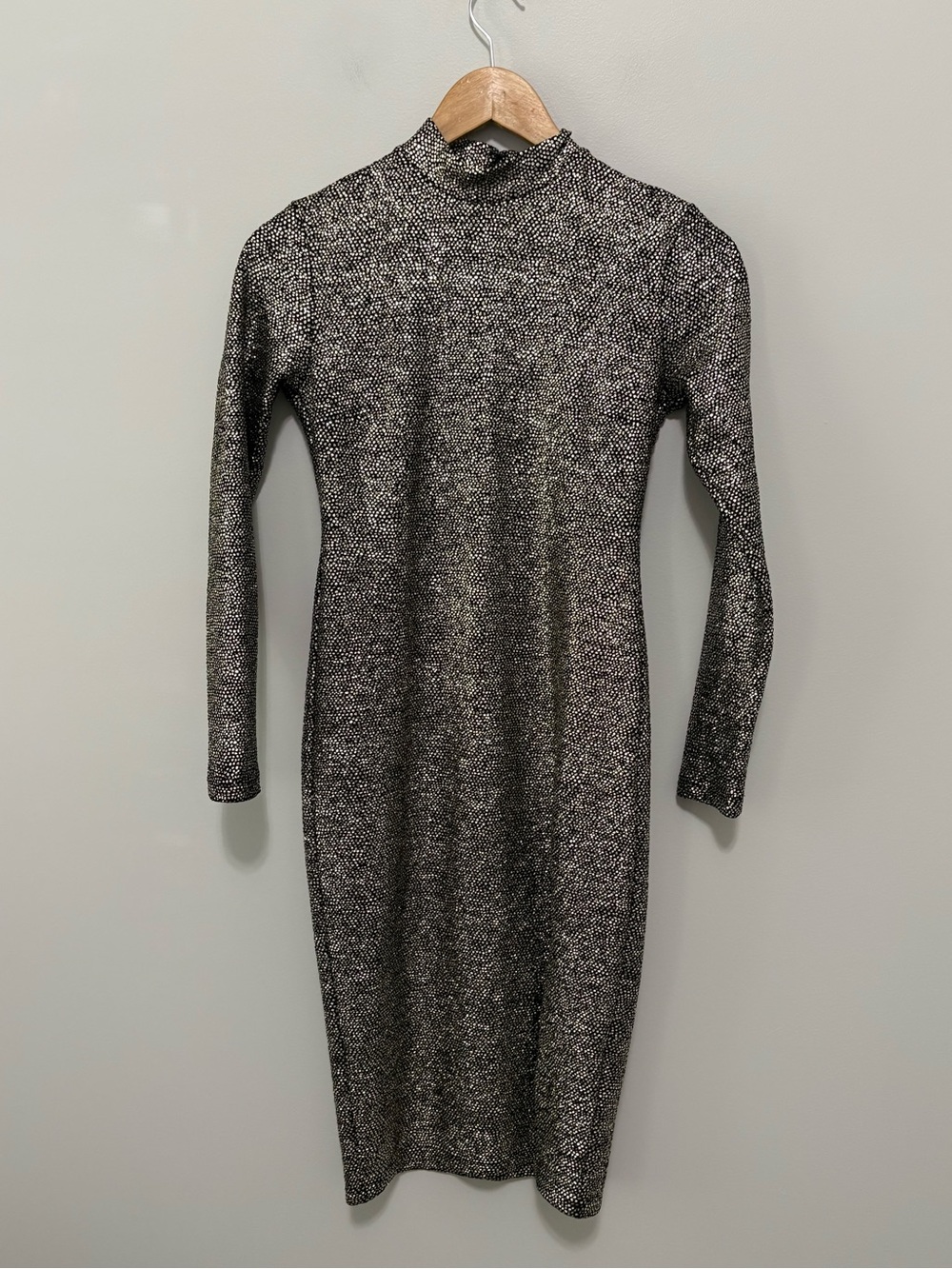 Glam Gold Black Long Sleeve Metallic Shimmer High Neck Date Night Mini Dress